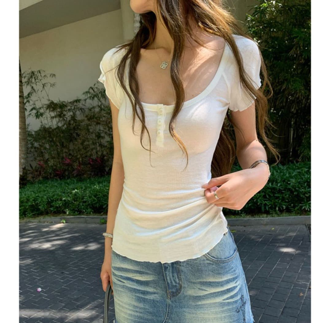 원본 원단 회색 u 칼라 긍정적 인 어깨 반팔 티셔츠 여성 여름 몸매 가꾸기 슬림해 보이는 미니멀리즘 다용도 맨위 이미지 3