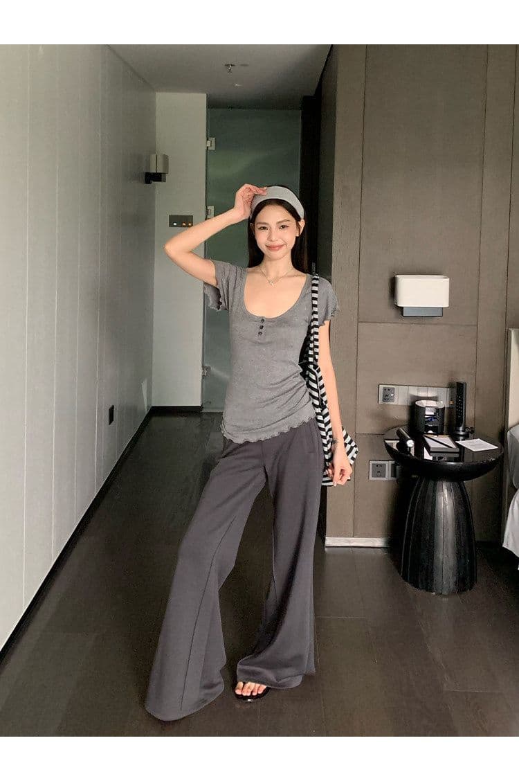 원본 원단 회색 u 칼라 긍정적 인 어깨 반팔 티셔츠 여성 여름 몸매 가꾸기 슬림해 보이는 미니멀리즘 다용도 맨위 상세 이미지 4