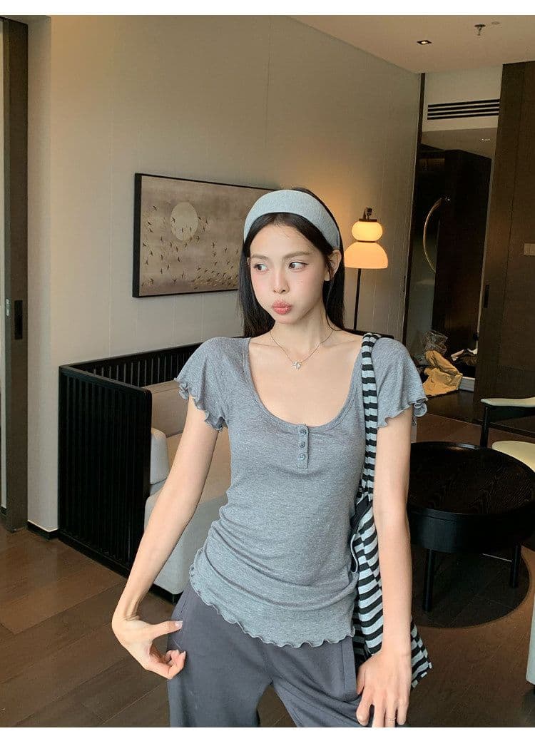 원본 원단 회색 u 칼라 긍정적 인 어깨 반팔 티셔츠 여성 여름 몸매 가꾸기 슬림해 보이는 미니멀리즘 다용도 맨위 상세 이미지 6