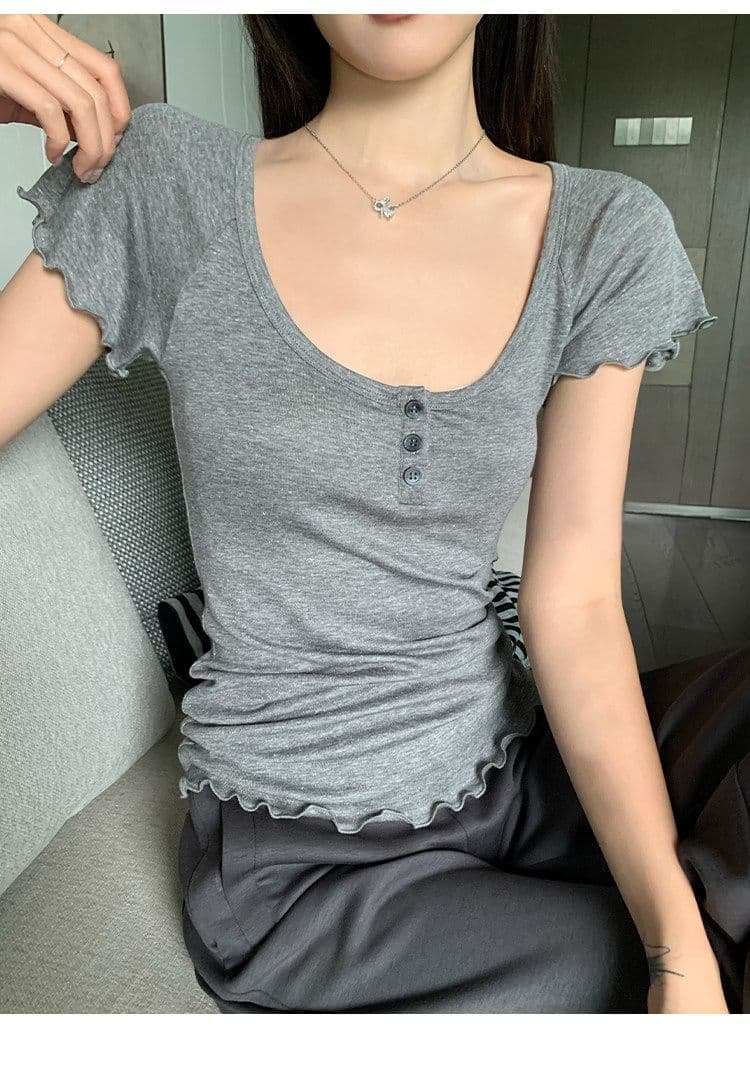 원본 원단 회색 u 칼라 긍정적 인 어깨 반팔 티셔츠 여성 여름 몸매 가꾸기 슬림해 보이는 미니멀리즘 다용도 맨위 상세 이미지 16