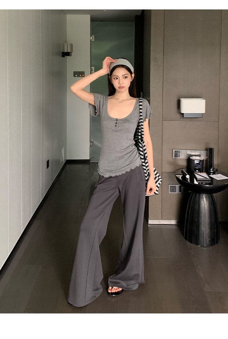 원본 원단 회색 u 칼라 긍정적 인 어깨 반팔 티셔츠 여성 여름 몸매 가꾸기 슬림해 보이는 미니멀리즘 다용도 맨위 상세 이미지 17