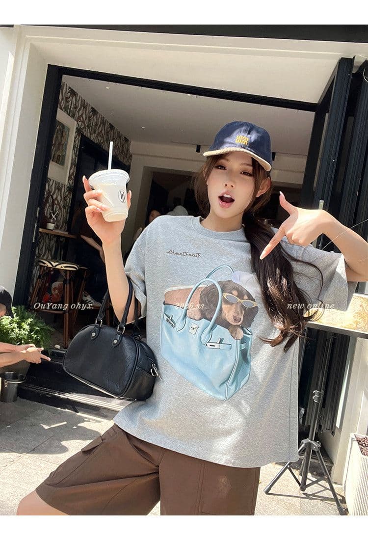 21 순면 한 부서 강아지 프린트 루즈핏 티셔츠 여성 여름 새로운 다용도 맨위 상세 이미지 34