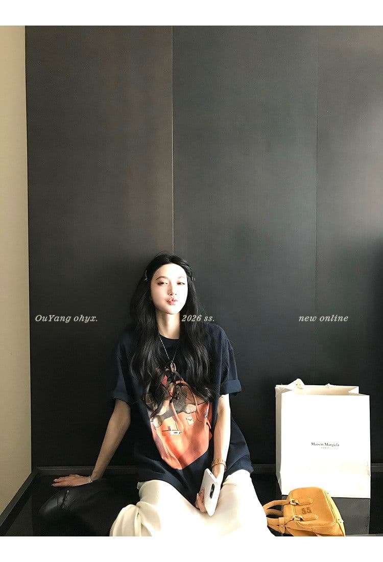21 순면 한 부서 강아지 프린트 루즈핏 티셔츠 여성 여름 새로운 다용도 맨위 상세 이미지 65