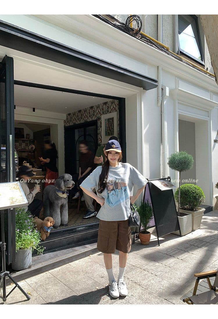 21 순면 한 부서 강아지 프린트 루즈핏 티셔츠 여성 여름 새로운 다용도 맨위 상세 이미지 70