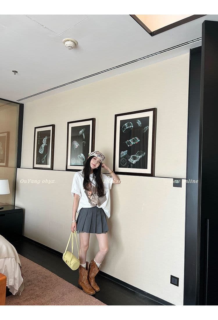 21 순면 한 부서 강아지 프린트 루즈핏 티셔츠 여성 여름 새로운 다용도 맨위 상세 이미지 88