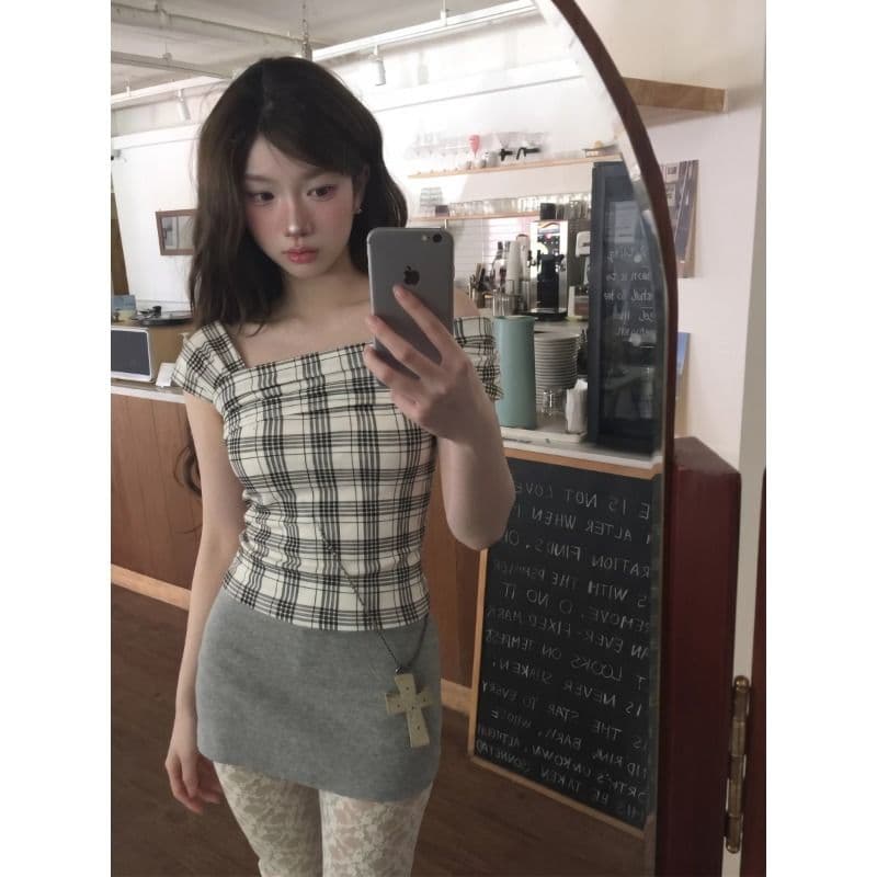 원본 것 한 부서 오프숄더 반팔 티셔츠 여성 여름 몸매 가꾸기 허리 수축 디자인 센스 오프숄더 쇼트 스타일 맨위 상세 이미지 6