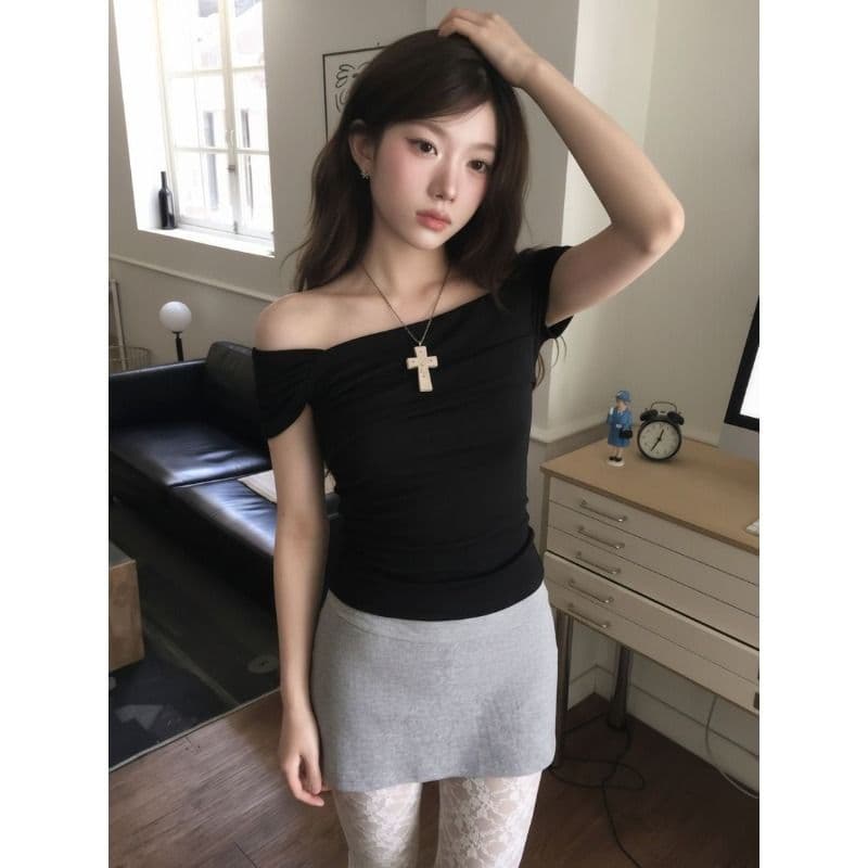 원본 것 한 부서 오프숄더 반팔 티셔츠 여성 여름 몸매 가꾸기 허리 수축 디자인 센스 오프숄더 쇼트 스타일 맨위 상세 이미지 10