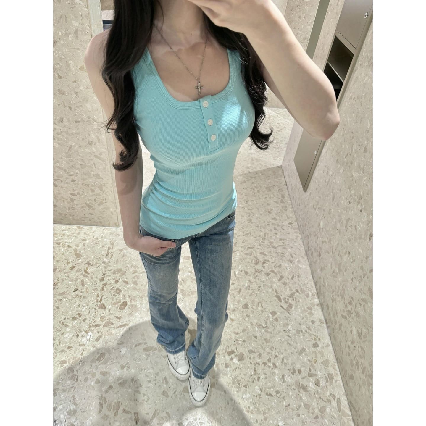 모달 260 그램 1 1 핫걸 바람 순수한 욕망 녹색 단추 캐미솔 이미지 4