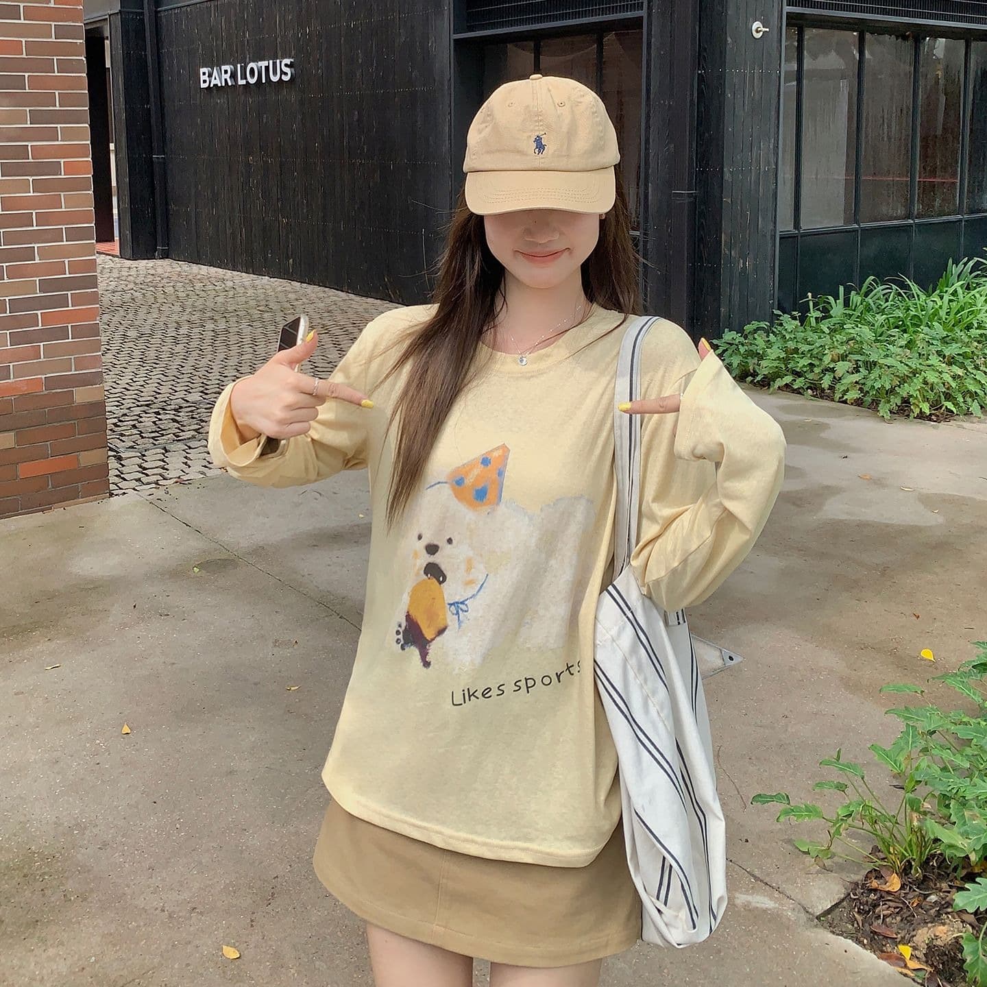원본 원단 느슨함 센스 강아지 프린트 황색 긴팔 맨위 여성 한 부서 루즈핏 자외선 차단 다용도 라운드 넥 티셔츠 이미지 5