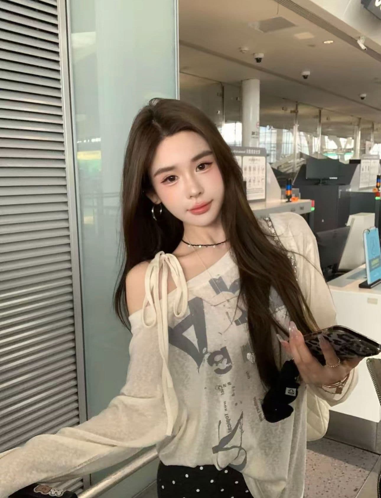 원본 원단 공항 연인 베이지 색 프린트 동점 로프 자외선 차단 티셔츠 상세 이미지 15