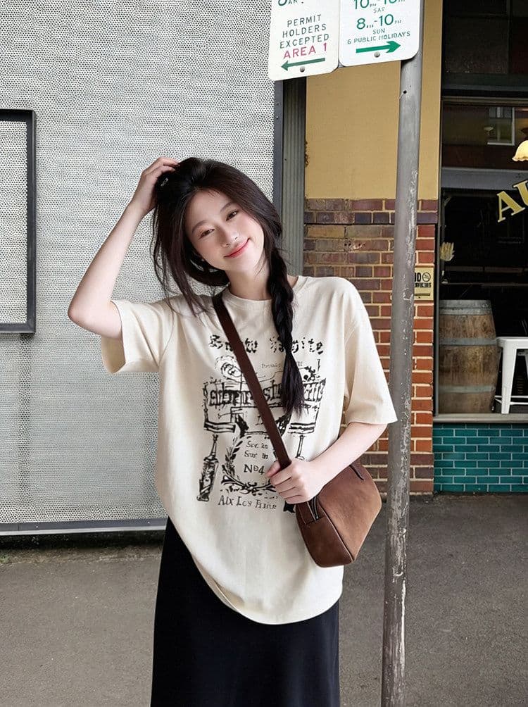 원본 원단 당겨서 이후 패키지 균열 낙서 프린트 반팔 티셔츠 여성 다용도 루즈핏 슬림해 보이는 풀오버 맨위 상세 이미지 3