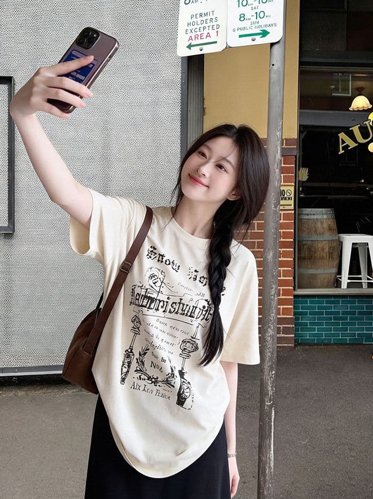 원본 원단 당겨서 이후 패키지 균열 낙서 프린트 반팔 티셔츠 여성 다용도 루즈핏 슬림해 보이는 풀오버 맨위 상세 이미지 6
