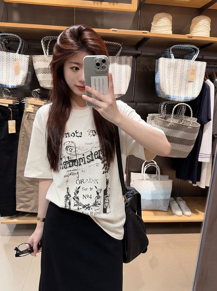 원본 원단 당겨서 이후 패키지 균열 낙서 프린트 반팔 티셔츠 여성 다용도 루즈핏 슬림해 보이는 풀오버 맨위 상세 이미지 10