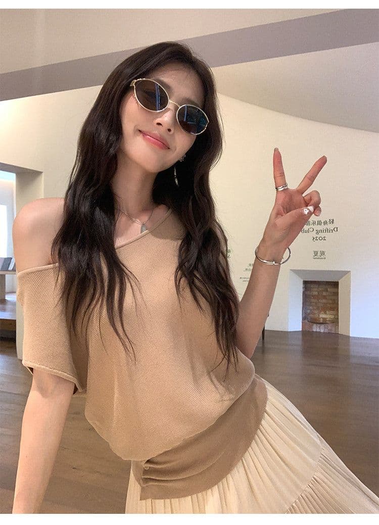 라이 경기 서울 비스듬한 어깨 오프숄더 반팔 티셔츠 여성 품격 니트 허리 수축 작은 날다 소매 맨위 상세 이미지 2
