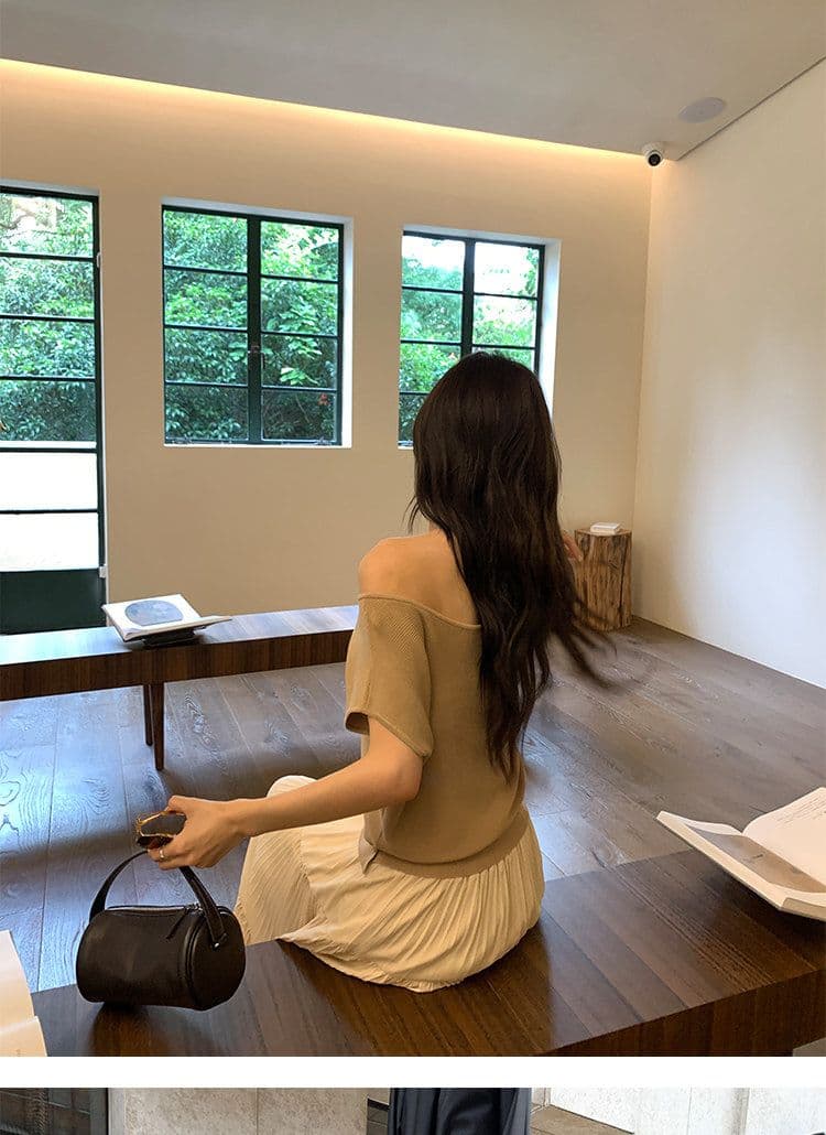 라이 경기 서울 비스듬한 어깨 오프숄더 반팔 티셔츠 여성 품격 니트 허리 수축 작은 날다 소매 맨위 상세 이미지 11