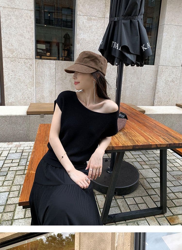 라이 경기 서울 비스듬한 어깨 오프숄더 반팔 티셔츠 여성 품격 니트 허리 수축 작은 날다 소매 맨위 상세 이미지 17