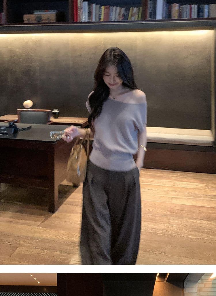 라이 경기 서울 비스듬한 어깨 오프숄더 반팔 티셔츠 여성 품격 니트 허리 수축 작은 날다 소매 맨위 상세 이미지 20