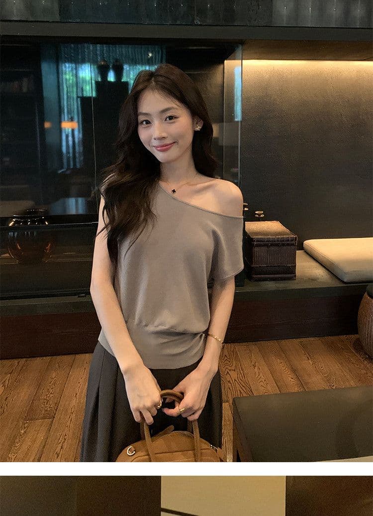 라이 경기 서울 비스듬한 어깨 오프숄더 반팔 티셔츠 여성 품격 니트 허리 수축 작은 날다 소매 맨위 상세 이미지 22