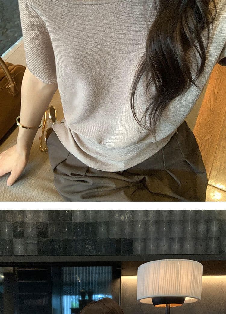 라이 경기 서울 비스듬한 어깨 오프숄더 반팔 티셔츠 여성 품격 니트 허리 수축 작은 날다 소매 맨위 상세 이미지 27