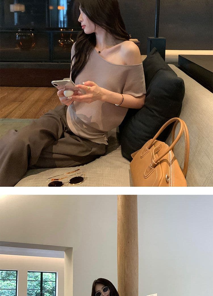 라이 경기 서울 비스듬한 어깨 오프숄더 반팔 티셔츠 여성 품격 니트 허리 수축 작은 날다 소매 맨위 상세 이미지 28