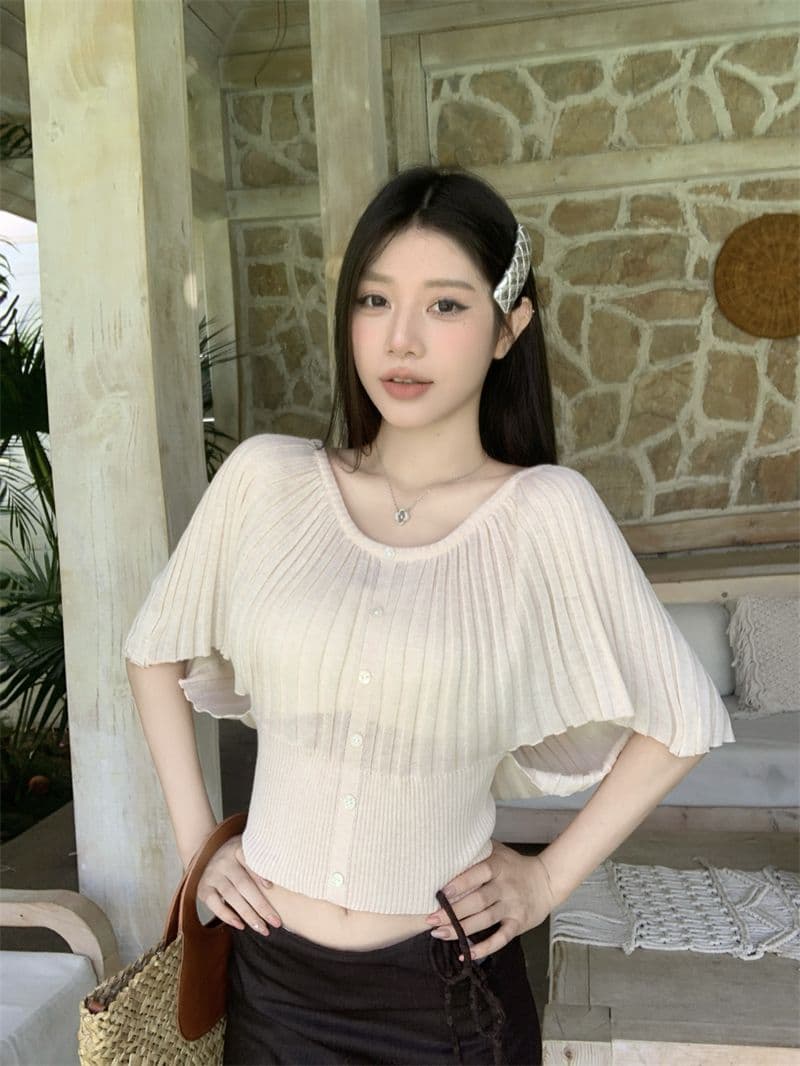 6 양모 30 아크릴 20 나일론 44 폴리에스터 섬유 프랑스식 부드러운 바람 허리 수축 니트 반팔 티셔츠 상세 이미지 5