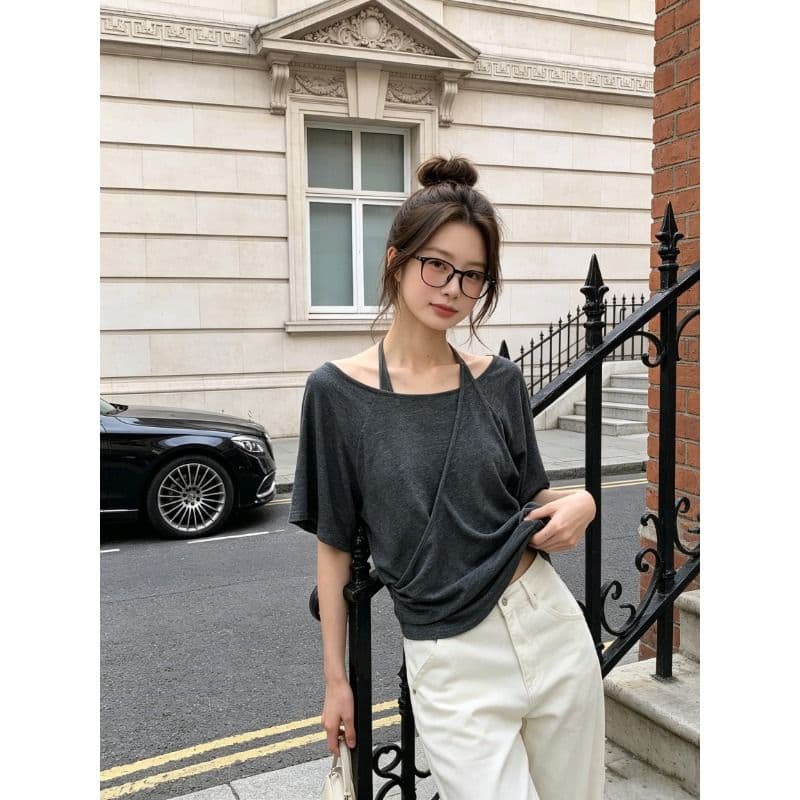 컬러 코튼 당겨 프레임 한 부서 페이크 레이어드 디자인 센스 행침 목 반팔 티셔츠 여성 오프숄더 몸매 가꾸기 슬림해 보이는 맨위 이미지 4