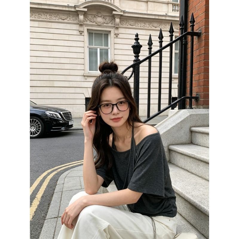 컬러 코튼 당겨 프레임 한 부서 페이크 레이어드 디자인 센스 행침 목 반팔 티셔츠 여성 오프숄더 몸매 가꾸기 슬림해 보이는 맨위 이미지 6