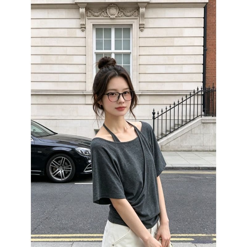 컬러 코튼 당겨 프레임 한 부서 페이크 레이어드 디자인 센스 행침 목 반팔 티셔츠 여성 오프숄더 몸매 가꾸기 슬림해 보이는 맨위 이미지 5