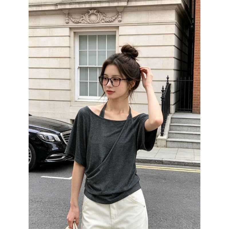 컬러 코튼 당겨 프레임 한 부서 페이크 레이어드 디자인 센스 행침 목 반팔 티셔츠 여성 오프숄더 몸매 가꾸기 슬림해 보이는 맨위 이미지 2