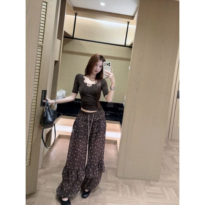 사람들 면 260 그램 Chic 몸매 가꾸기 긍정적 인 어깨 5 점 소매 티셔츠 여성 여름 디자인 센스 레이스업 슬림해 보이는 맨위 이미지 6