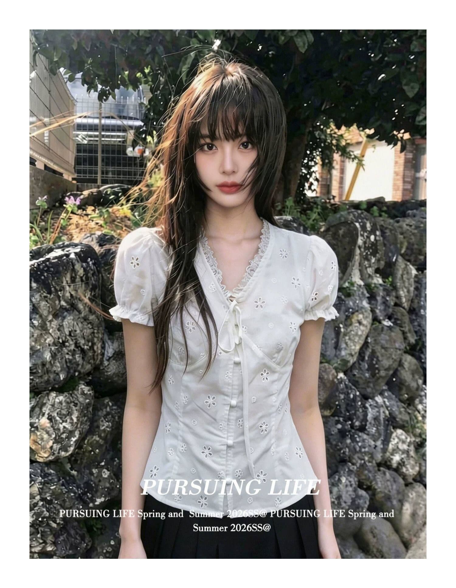 원본 원단 있음 네리 한 부서 V넥 레이스 반팔 여성 셔츠 여름 거품 소매 셔츠 맨위 상세 이미지 2