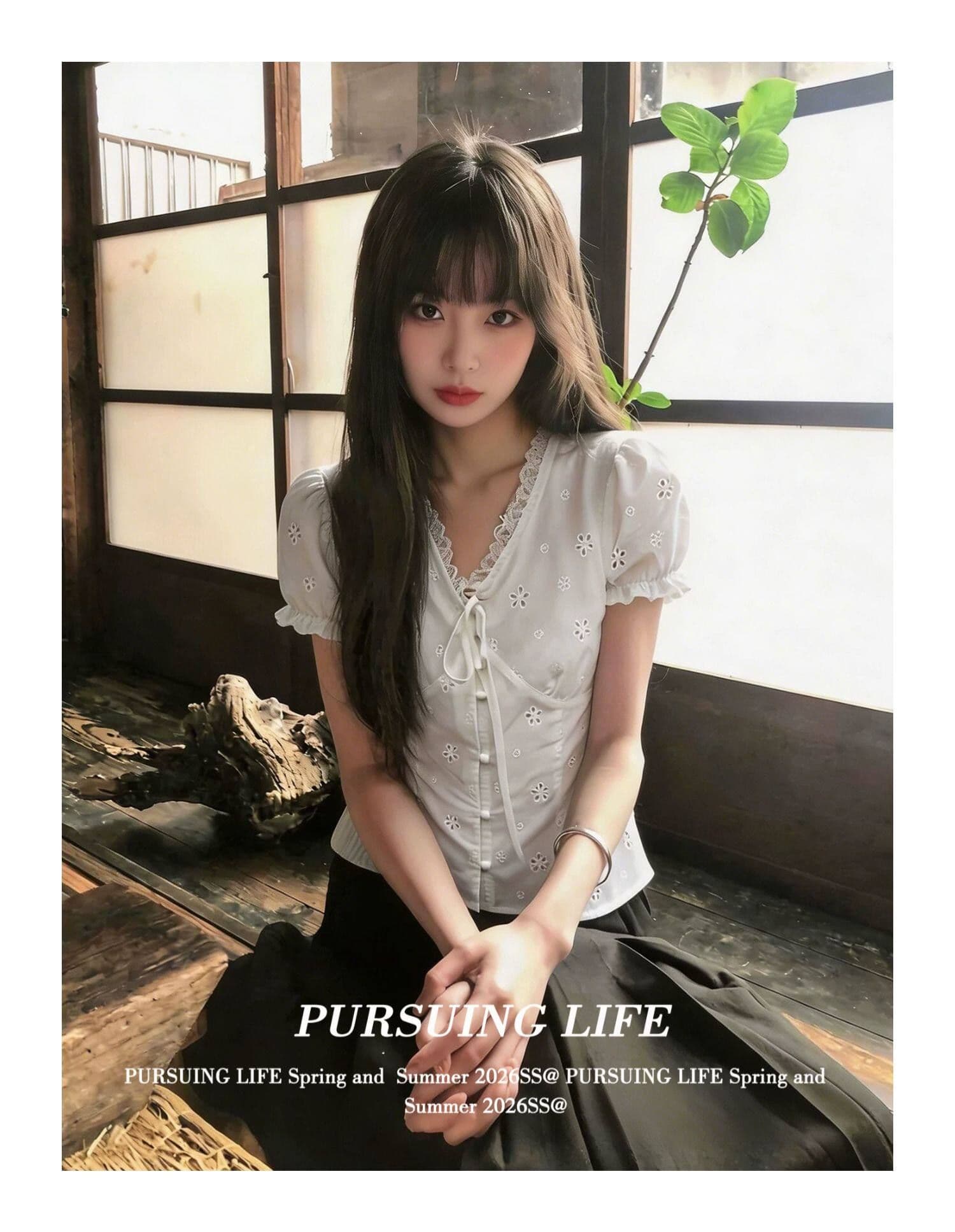 원본 원단 있음 네리 한 부서 V넥 레이스 반팔 여성 셔츠 여름 거품 소매 셔츠 맨위 상세 이미지 3