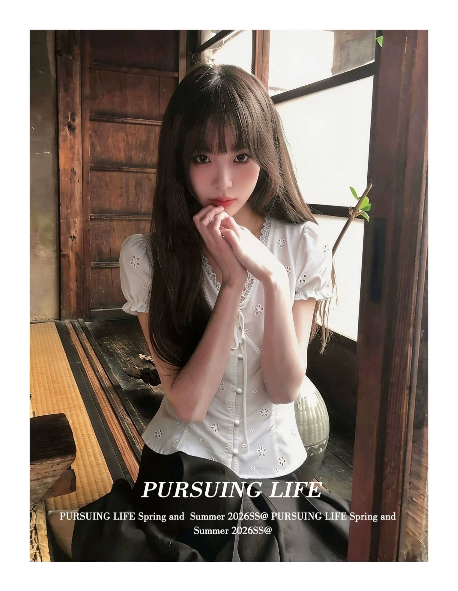 원본 원단 있음 네리 한 부서 V넥 레이스 반팔 여성 셔츠 여름 거품 소매 셔츠 맨위 상세 이미지 4