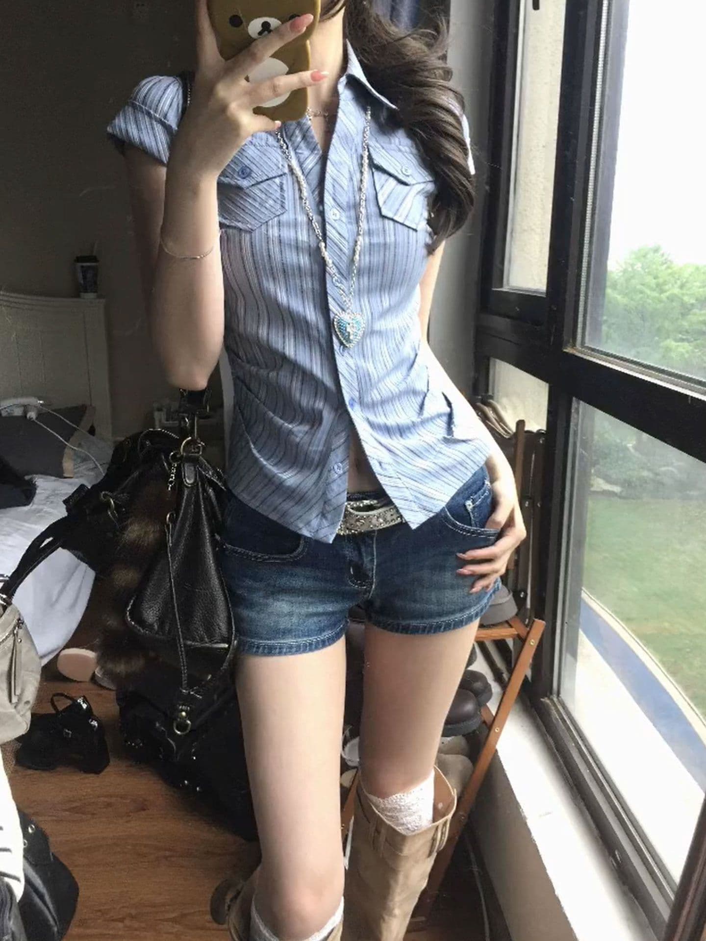 원본 자카드 한 부서 꼬집기 허리 질감 센스 스트라이프 주머니 셔츠 긍정적 인 어깨 반팔 맨위 여성 작은 셔츠 상세 이미지 2
