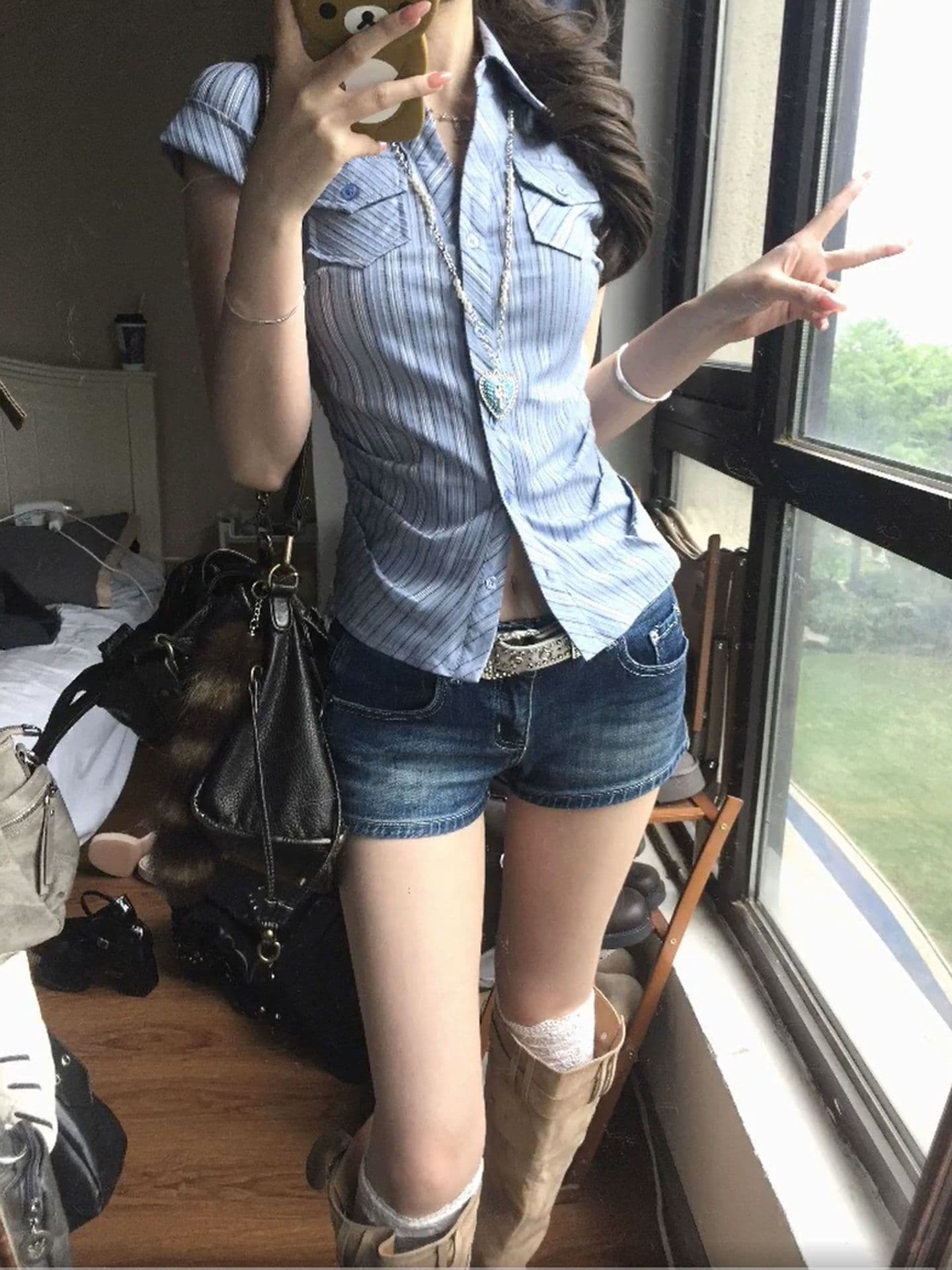 원본 자카드 한 부서 꼬집기 허리 질감 센스 스트라이프 주머니 셔츠 긍정적 인 어깨 반팔 맨위 여성 작은 셔츠 상세 이미지 4
