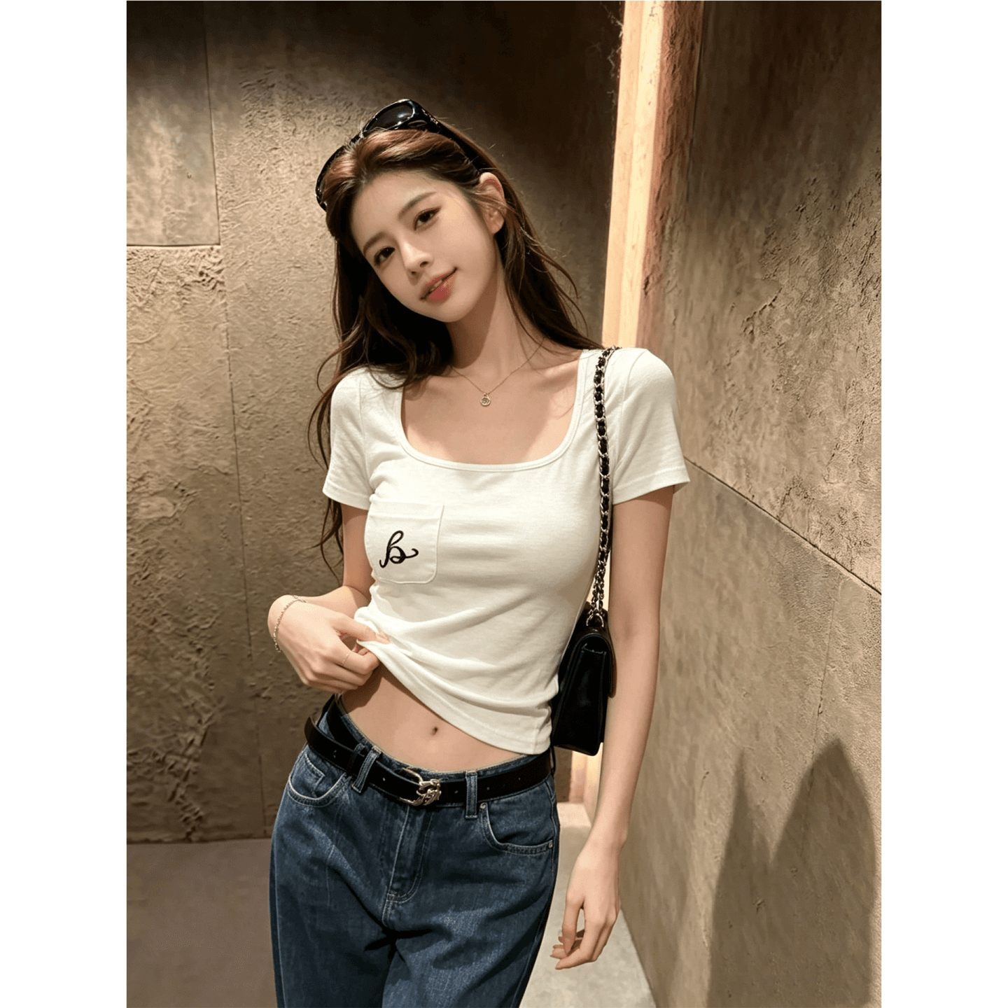 라이 경기 서울 리브 200그램 1 1 한 스타일 미니멀리즘 화이트 관대 한 칼라 반팔 긍정적 인 어깨 티셔츠 여성 상세 이미지 5