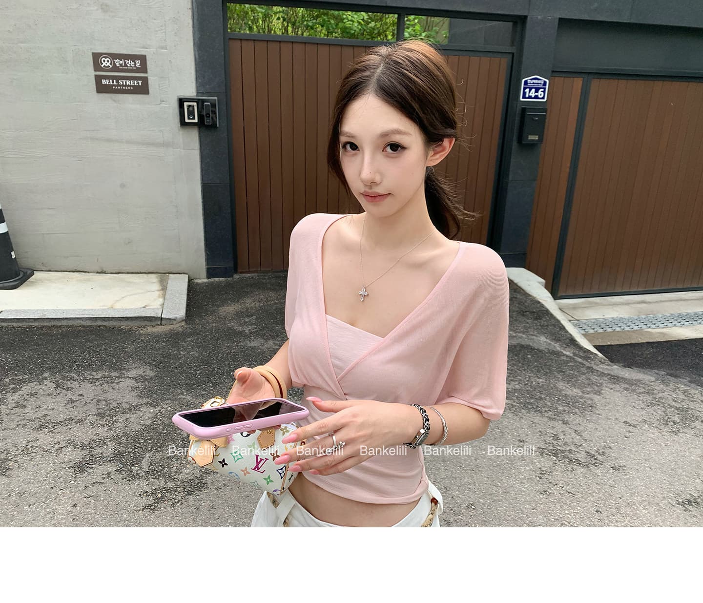 밤나무 코코아 bankelili 산소 얼음 가죽 tee 100 라이 경기 서울 페이크 레이어드 주름 블라우스 튜브탑 여성 상세 이미지 26