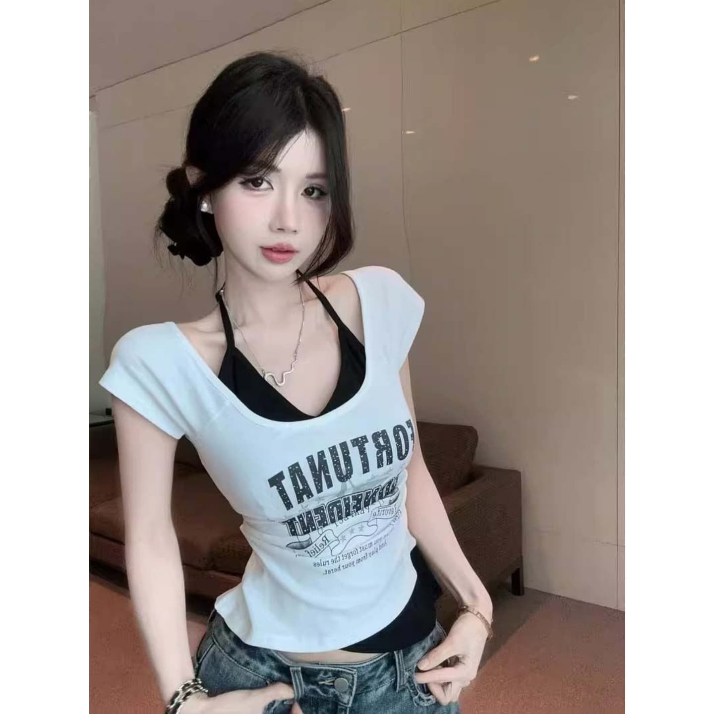 40 순면 리브 210 그램 1 1 낙서 프린트 행침 목 조끼 페이크 레이어드 반팔 티셔츠