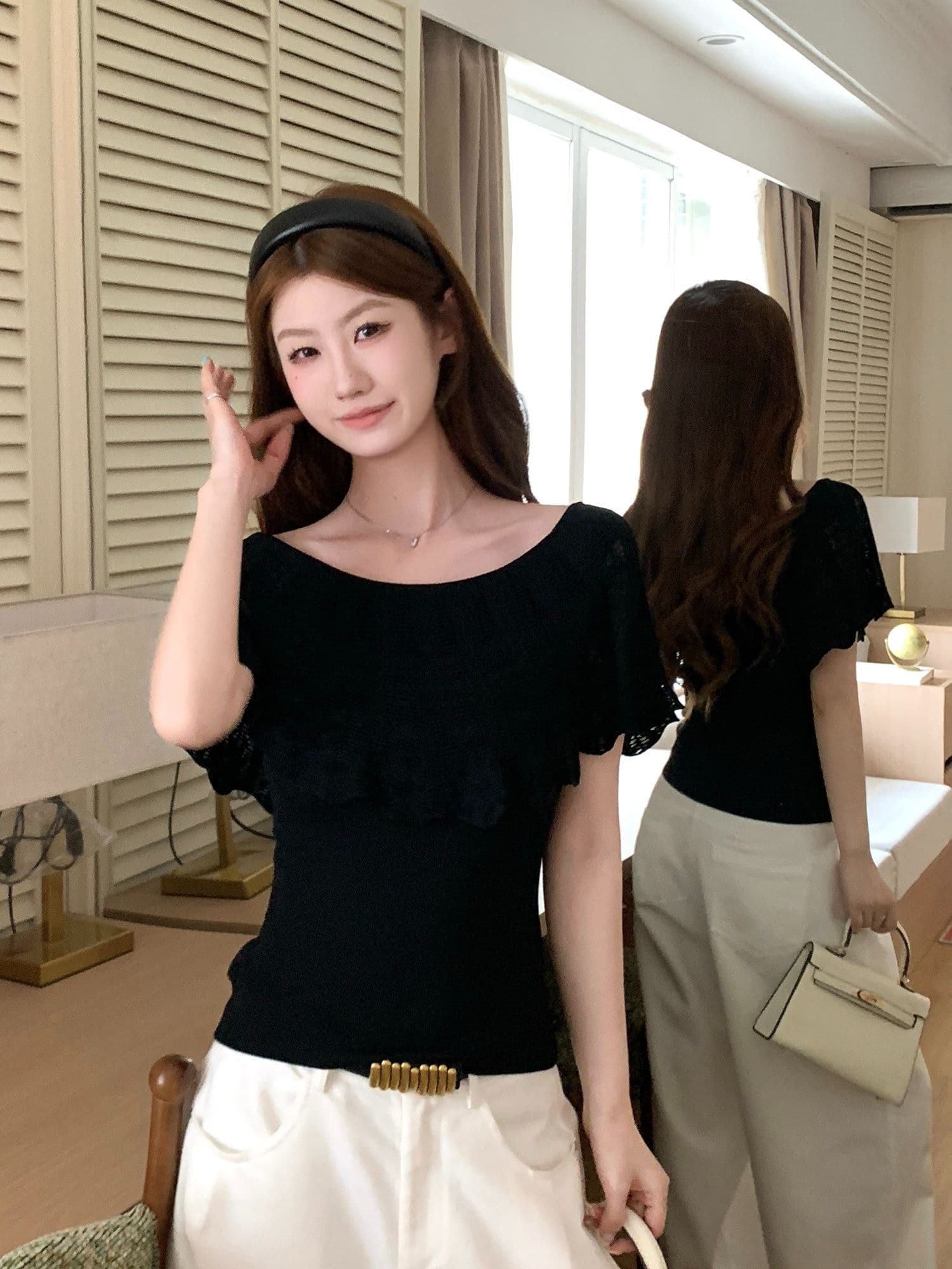 65 접착제 35 나일론 보트넥 프릴 니트 반팔 티셔츠 여성 여름 홀로우 아웃 오프숄더 맨위 상세 이미지 4