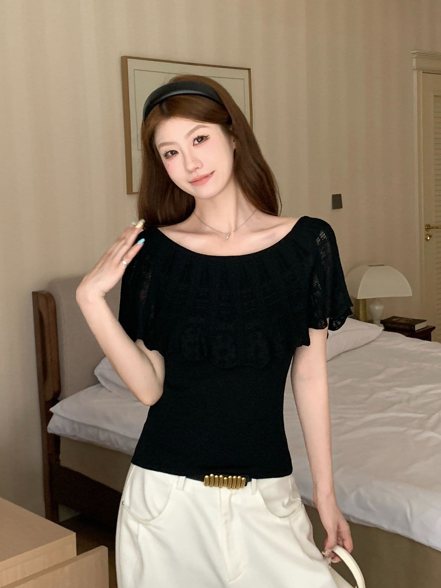 65 접착제 35 나일론 보트넥 프릴 니트 반팔 티셔츠 여성 여름 홀로우 아웃 오프숄더 맨위 상세 이미지 6