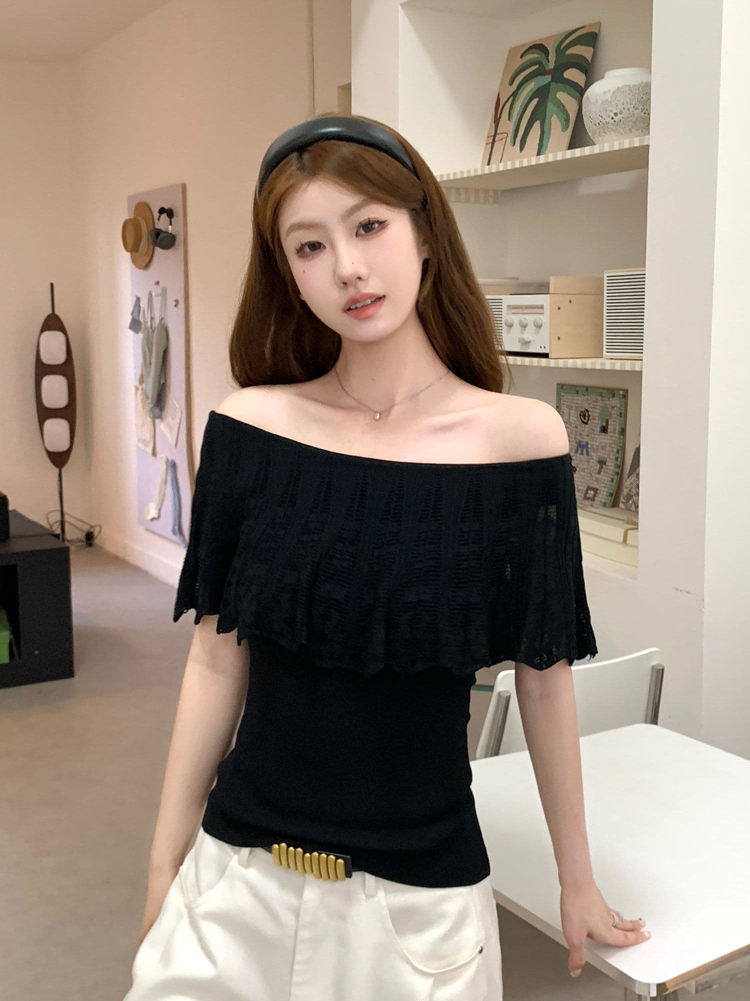 65 접착제 35 나일론 보트넥 프릴 니트 반팔 티셔츠 여성 여름 홀로우 아웃 오프숄더 맨위 상세 이미지 8