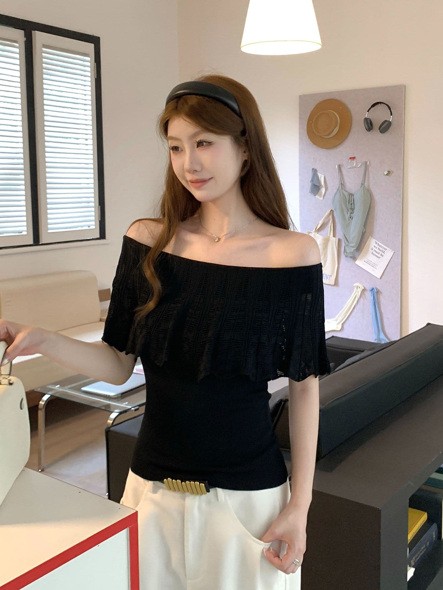 65 접착제 35 나일론 보트넥 프릴 니트 반팔 티셔츠 여성 여름 홀로우 아웃 오프숄더 맨위 상세 이미지 10