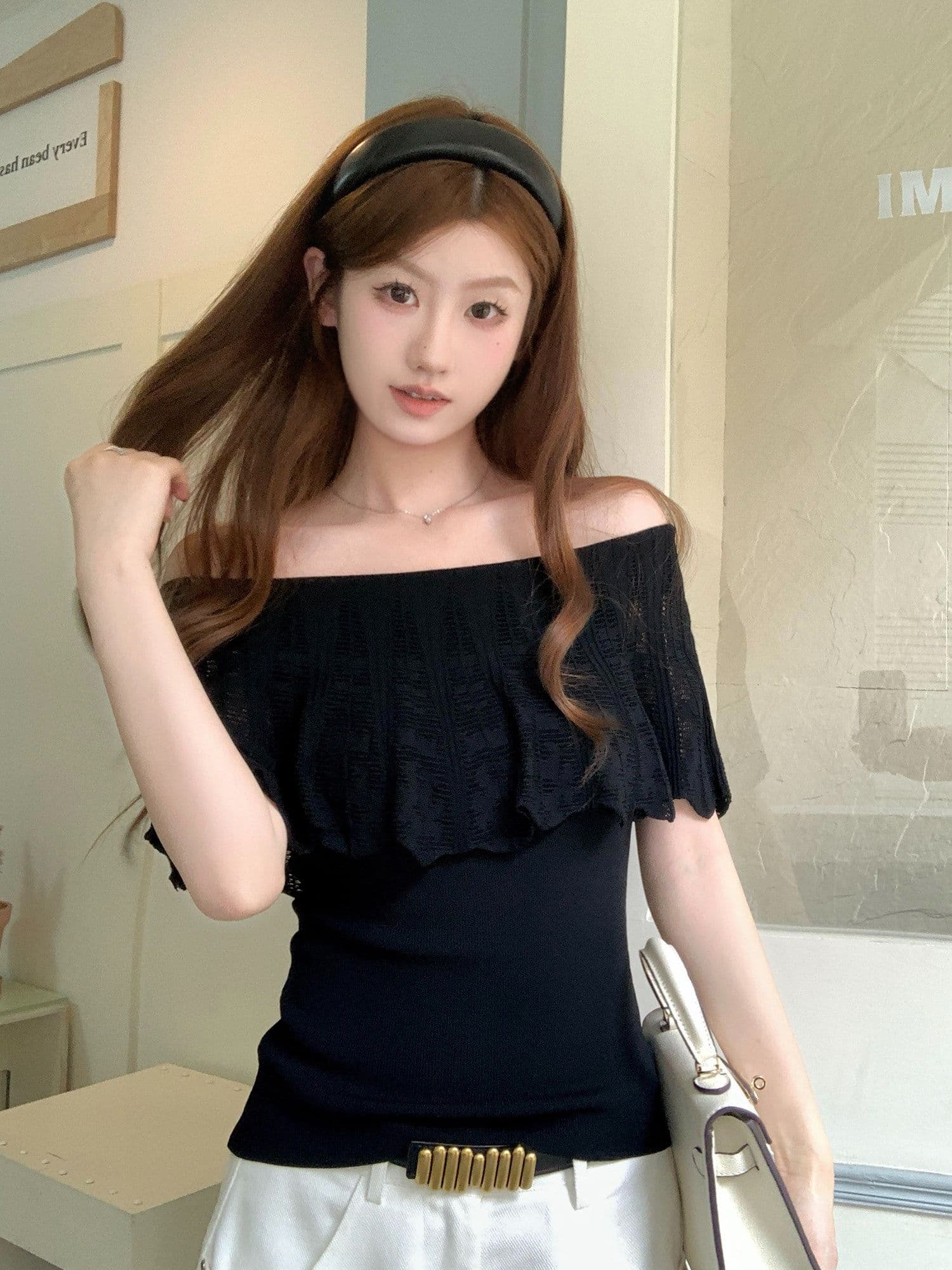 65 접착제 35 나일론 보트넥 프릴 니트 반팔 티셔츠 여성 여름 홀로우 아웃 오프숄더 맨위 상세 이미지 12
