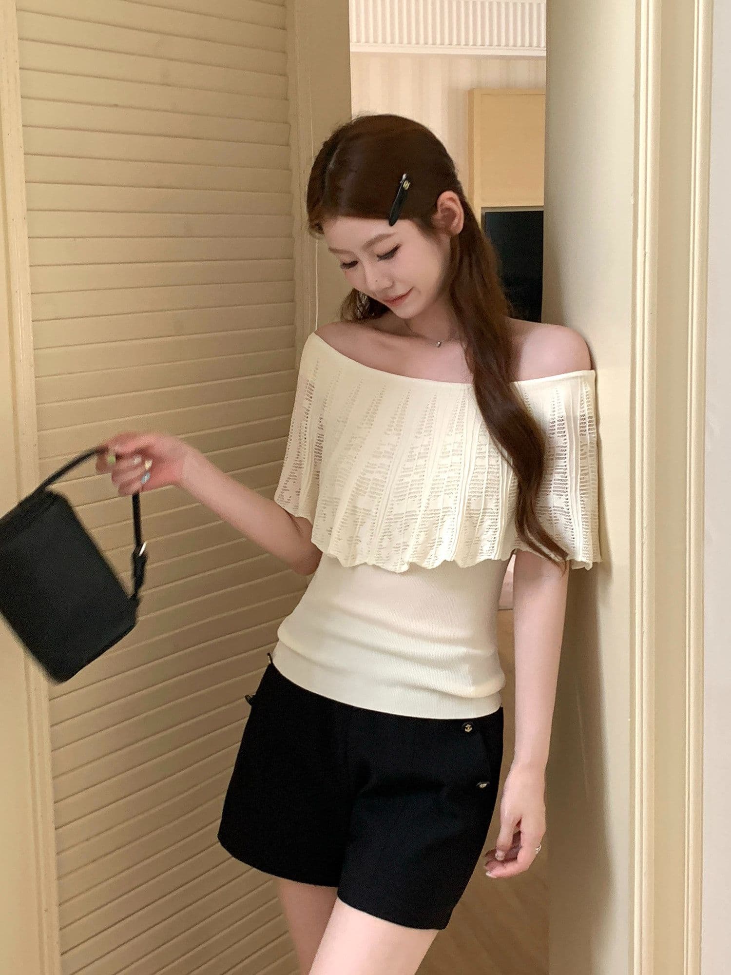 65 접착제 35 나일론 보트넥 프릴 니트 반팔 티셔츠 여성 여름 홀로우 아웃 오프숄더 맨위 상세 이미지 16