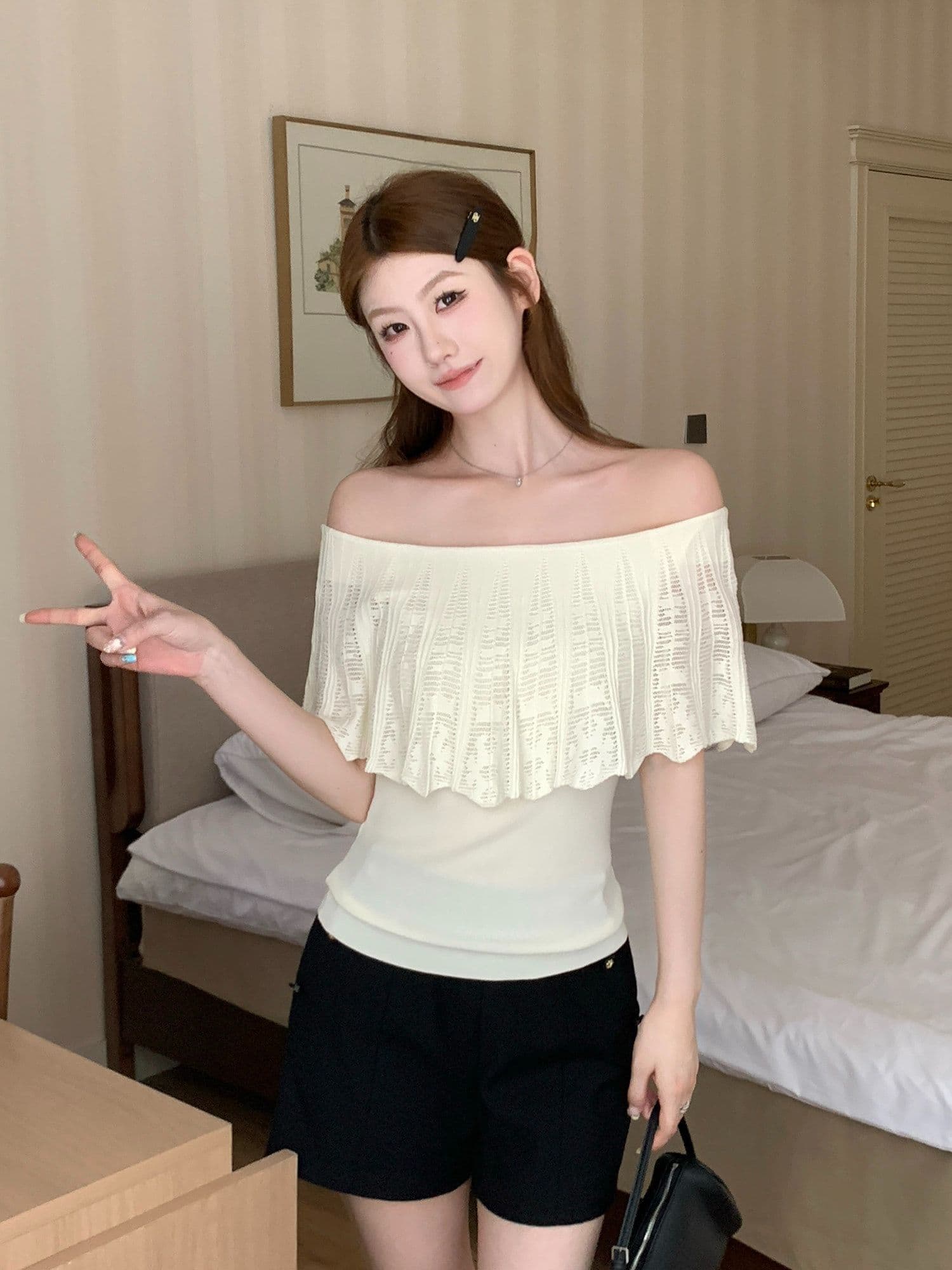 65 접착제 35 나일론 보트넥 프릴 니트 반팔 티셔츠 여성 여름 홀로우 아웃 오프숄더 맨위 상세 이미지 18