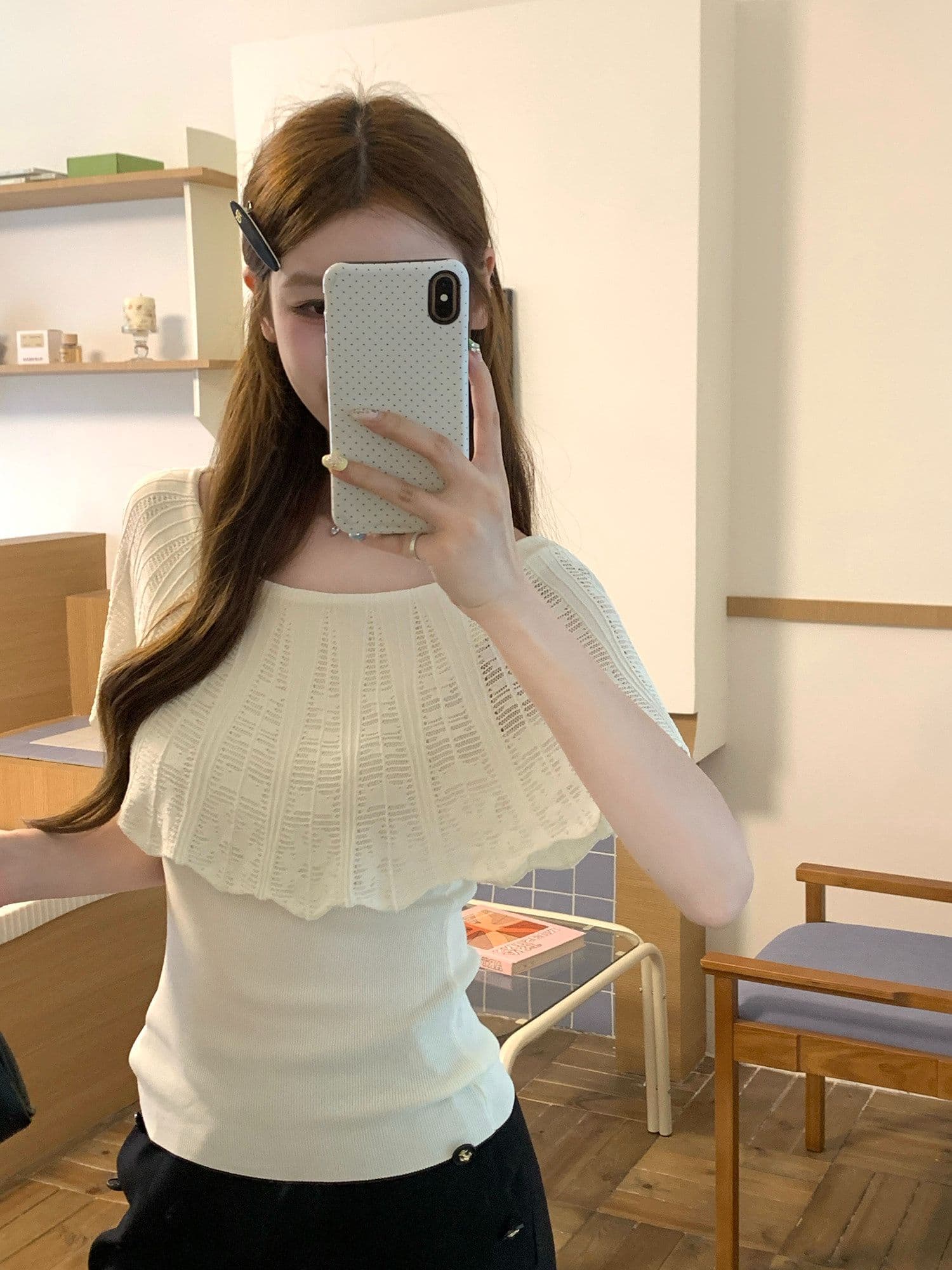 65 접착제 35 나일론 보트넥 프릴 니트 반팔 티셔츠 여성 여름 홀로우 아웃 오프숄더 맨위 상세 이미지 19