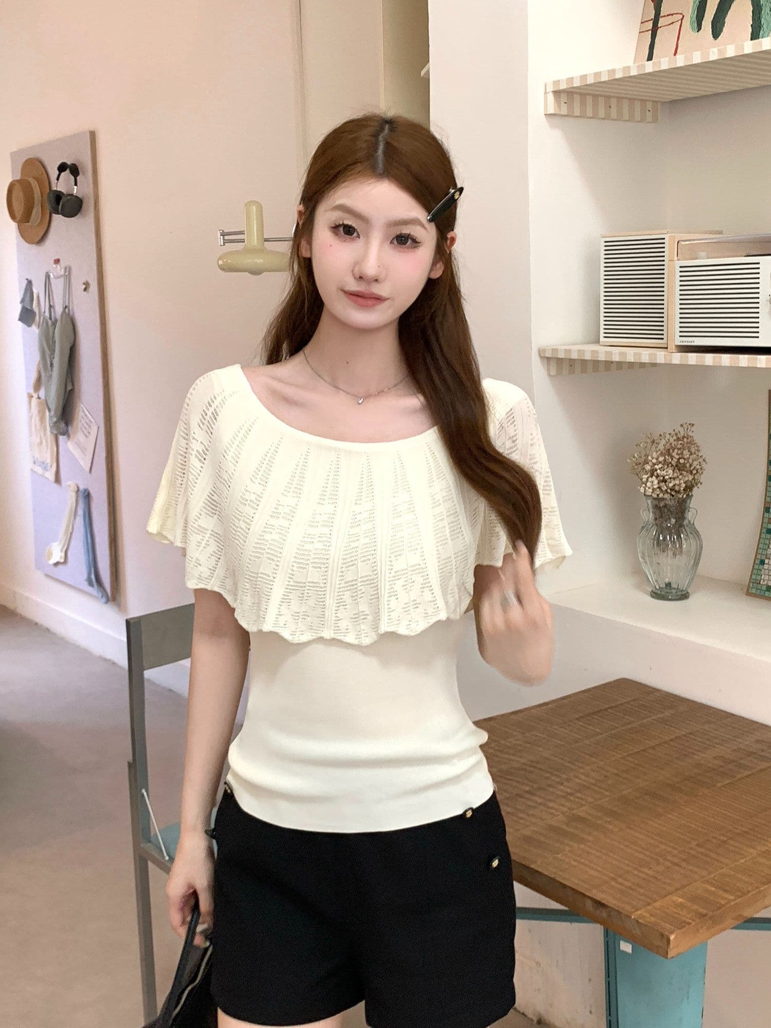 65 접착제 35 나일론 보트넥 프릴 니트 반팔 티셔츠 여성 여름 홀로우 아웃 오프숄더 맨위 상세 이미지 20
