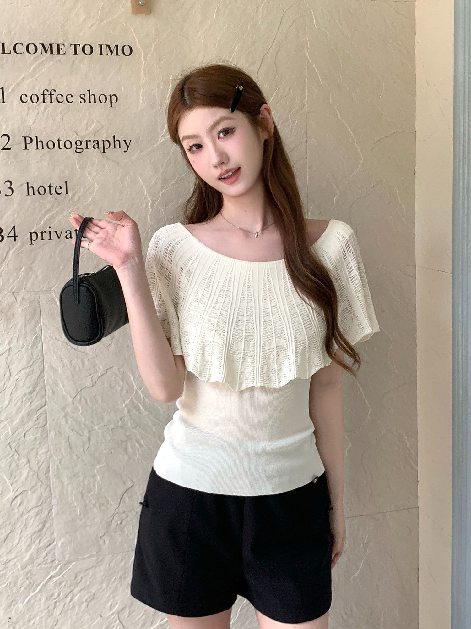65 접착제 35 나일론 보트넥 프릴 니트 반팔 티셔츠 여성 여름 홀로우 아웃 오프숄더 맨위 상세 이미지 22