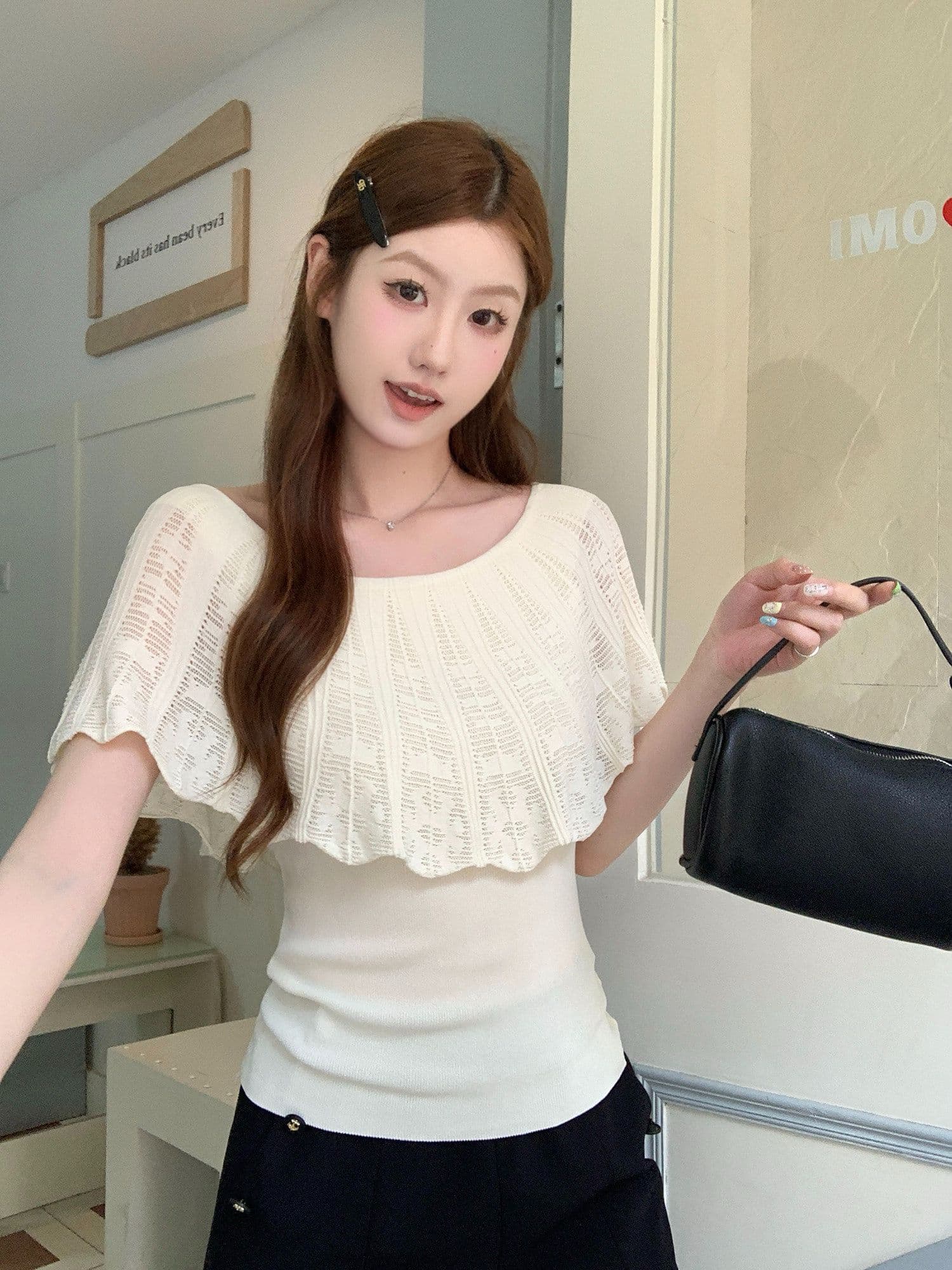 65 접착제 35 나일론 보트넥 프릴 니트 반팔 티셔츠 여성 여름 홀로우 아웃 오프숄더 맨위 상세 이미지 23