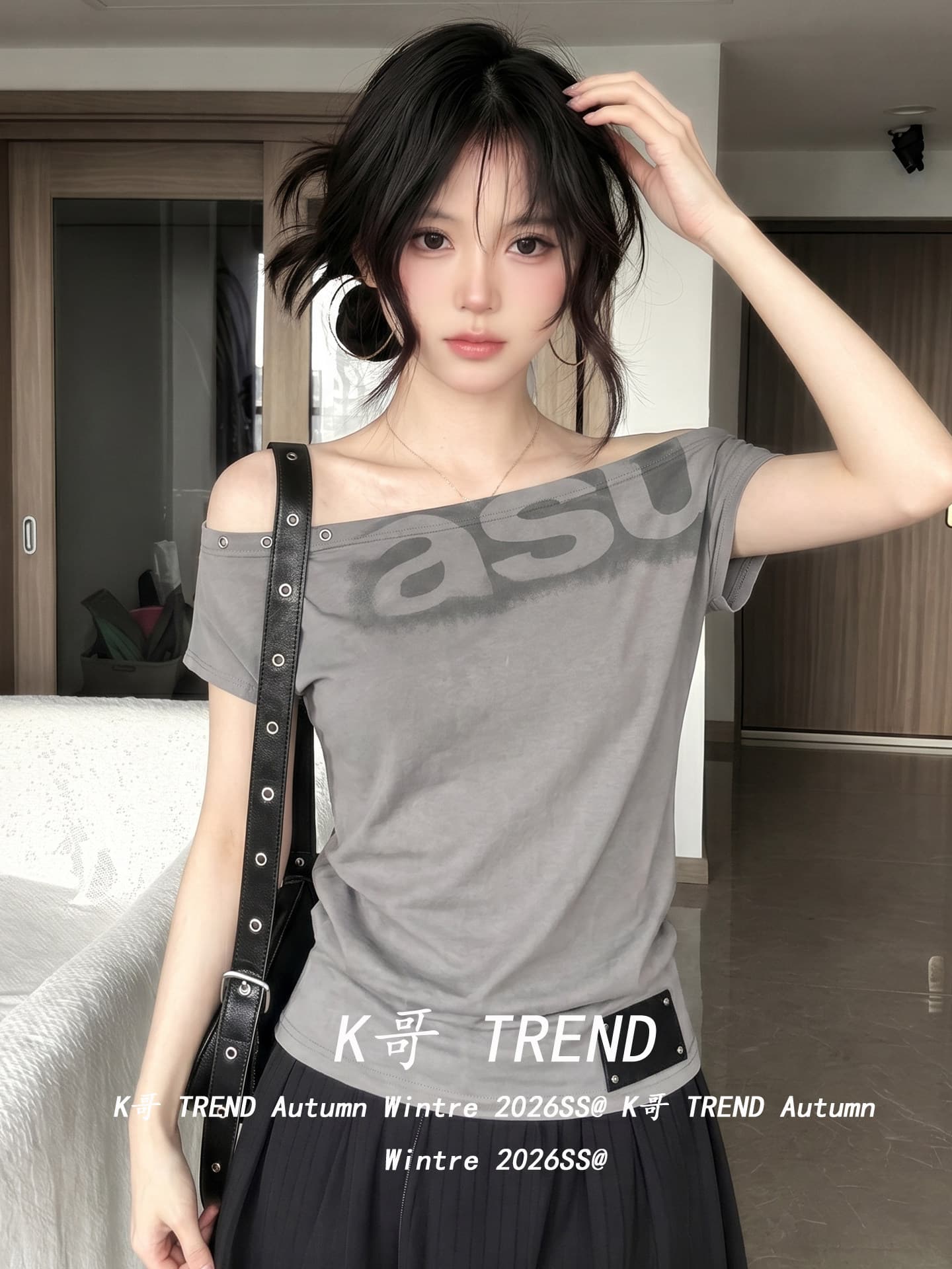 양모 한 부서 회색 오프숄더 반팔 티셔츠 여성 여름 알파벳 프린트 몸매 가꾸기 슬림해 보이는 핫걸 오프숄더 맨위 이미지 2
